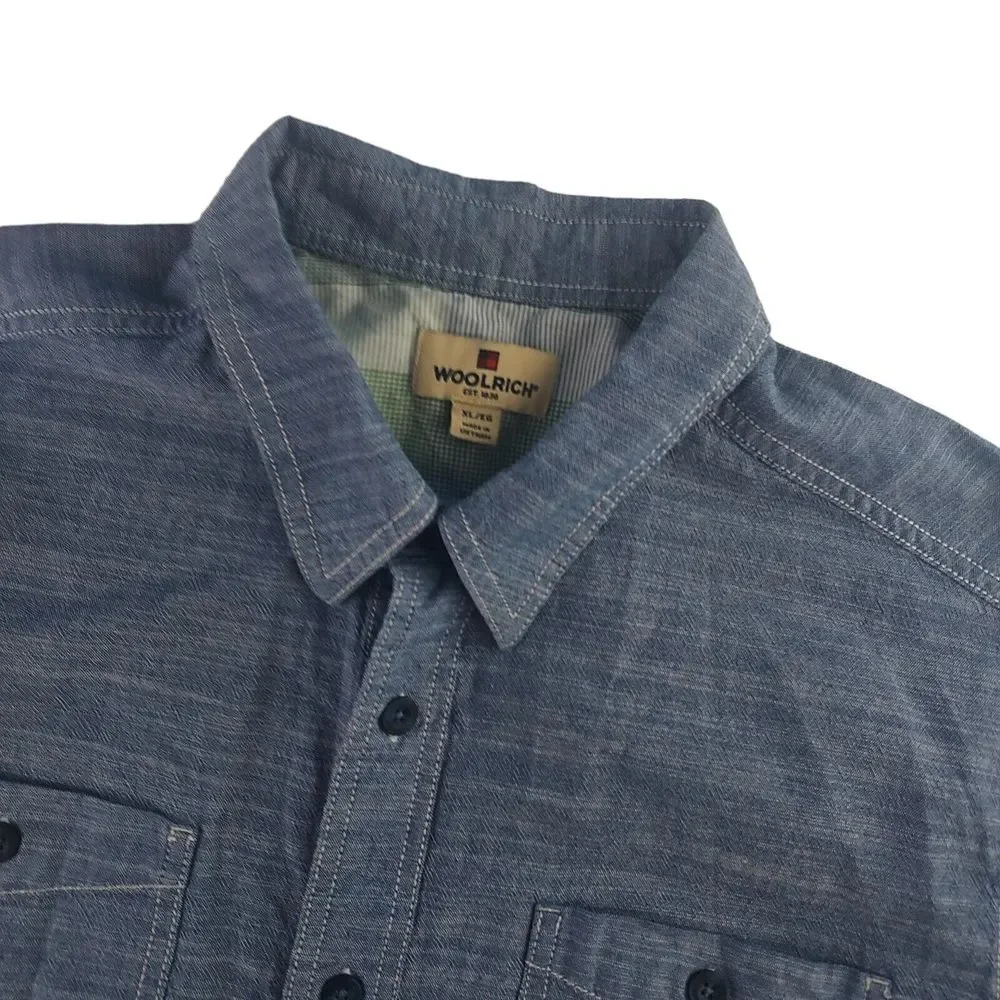 Woolrich Mens XL Blue Short Sleeve Button Down Cotton Chambray Style Shirt